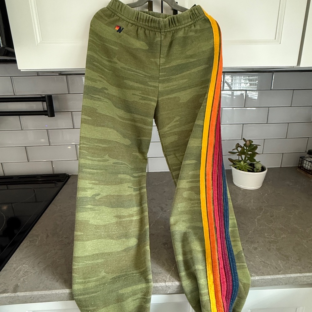 Aviator Nation Green Camouflage Pants with Rainbow Accent